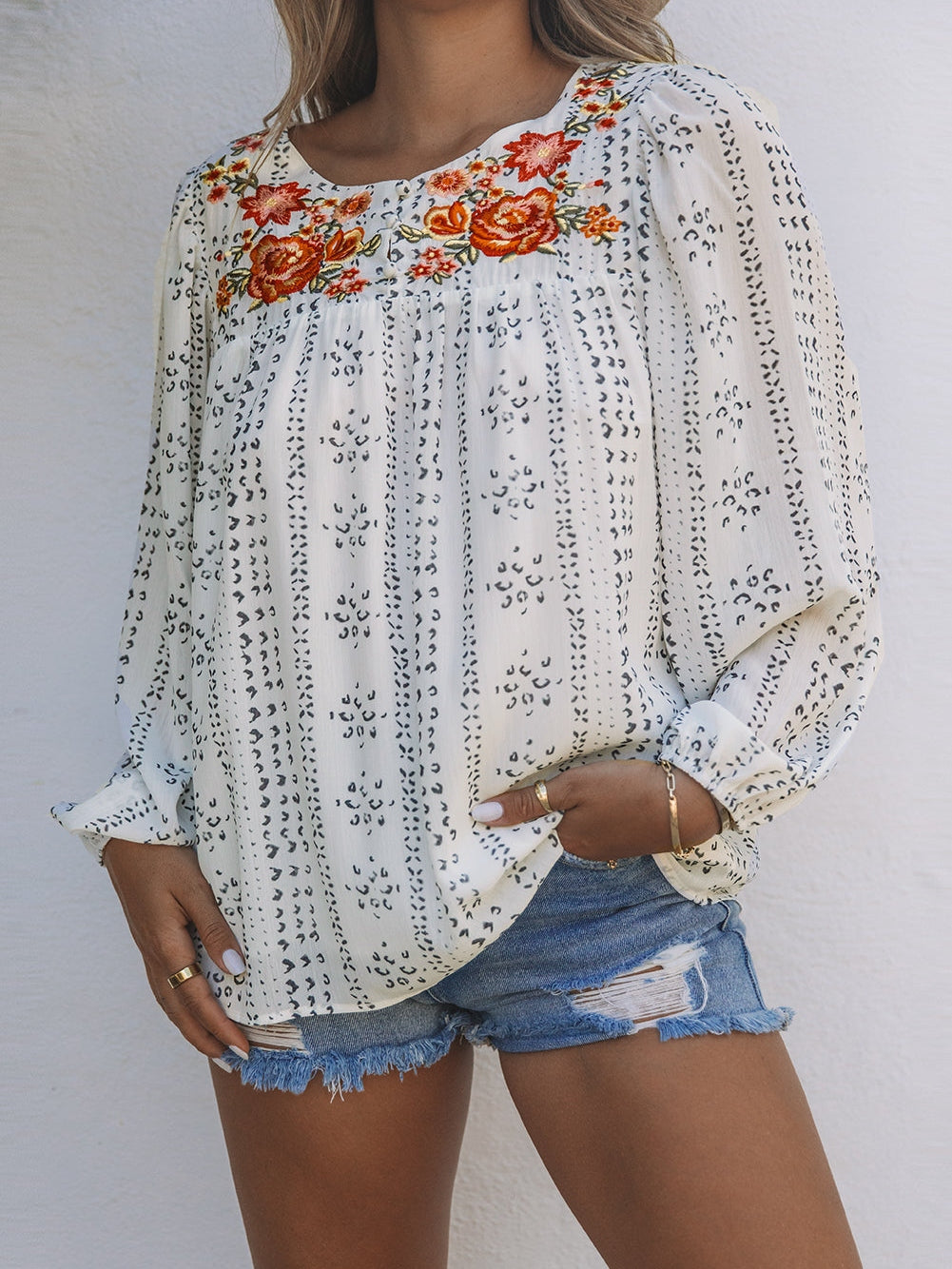 Beige Floral Embroidered Long Sleeve Bohemian Blouse