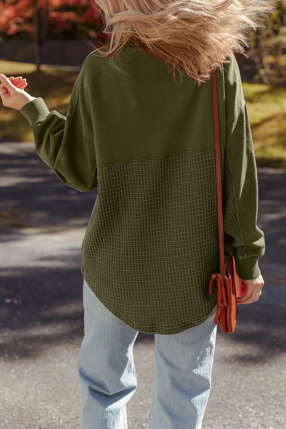 Moss Green Waffle Knit Patchwork Half Zipped Casual Sweatshirt