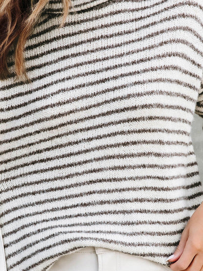 Khaki Striped Turtleneck Knit Sweater for Women