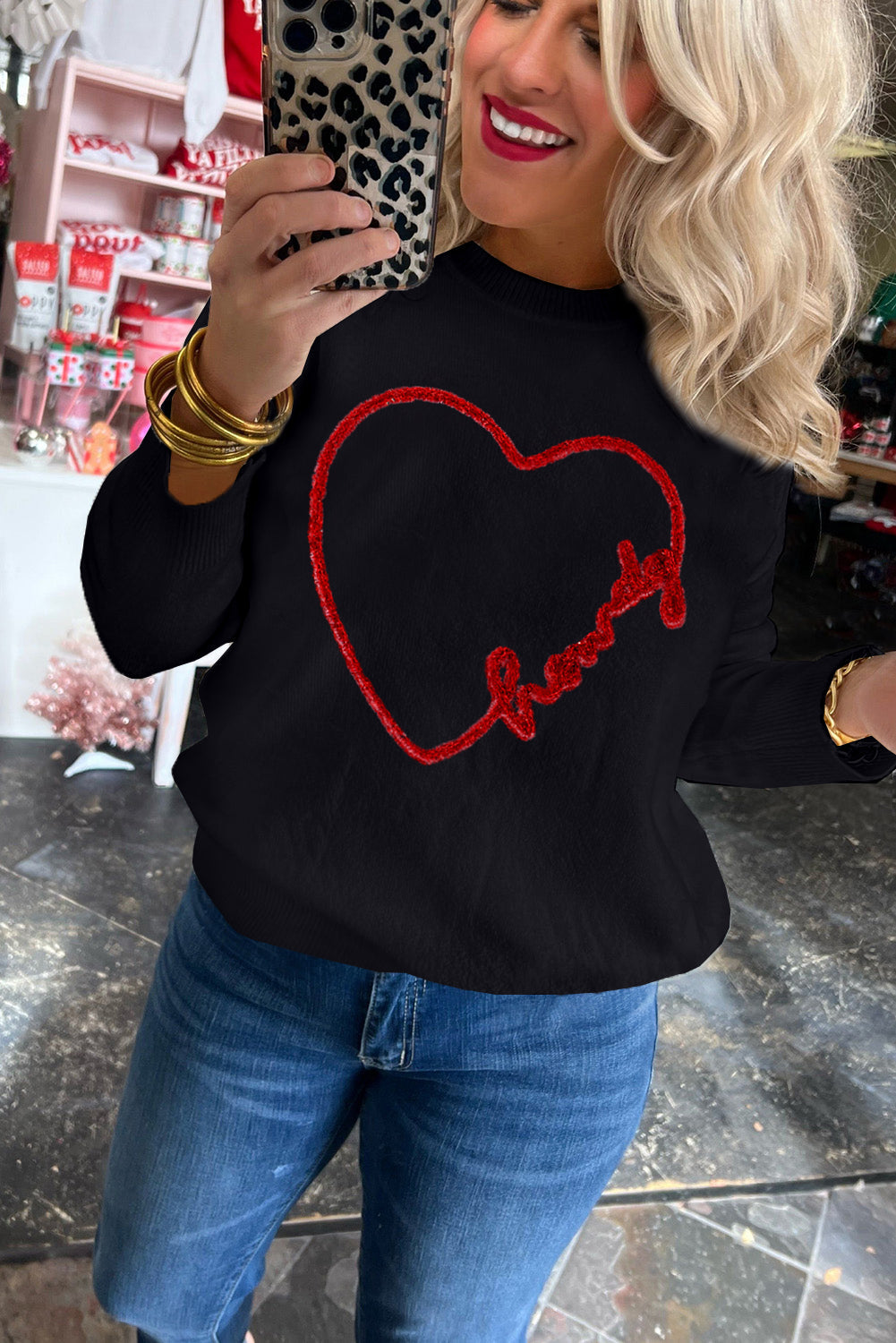 Heartfelt Black Graphic Round Neck Sweater