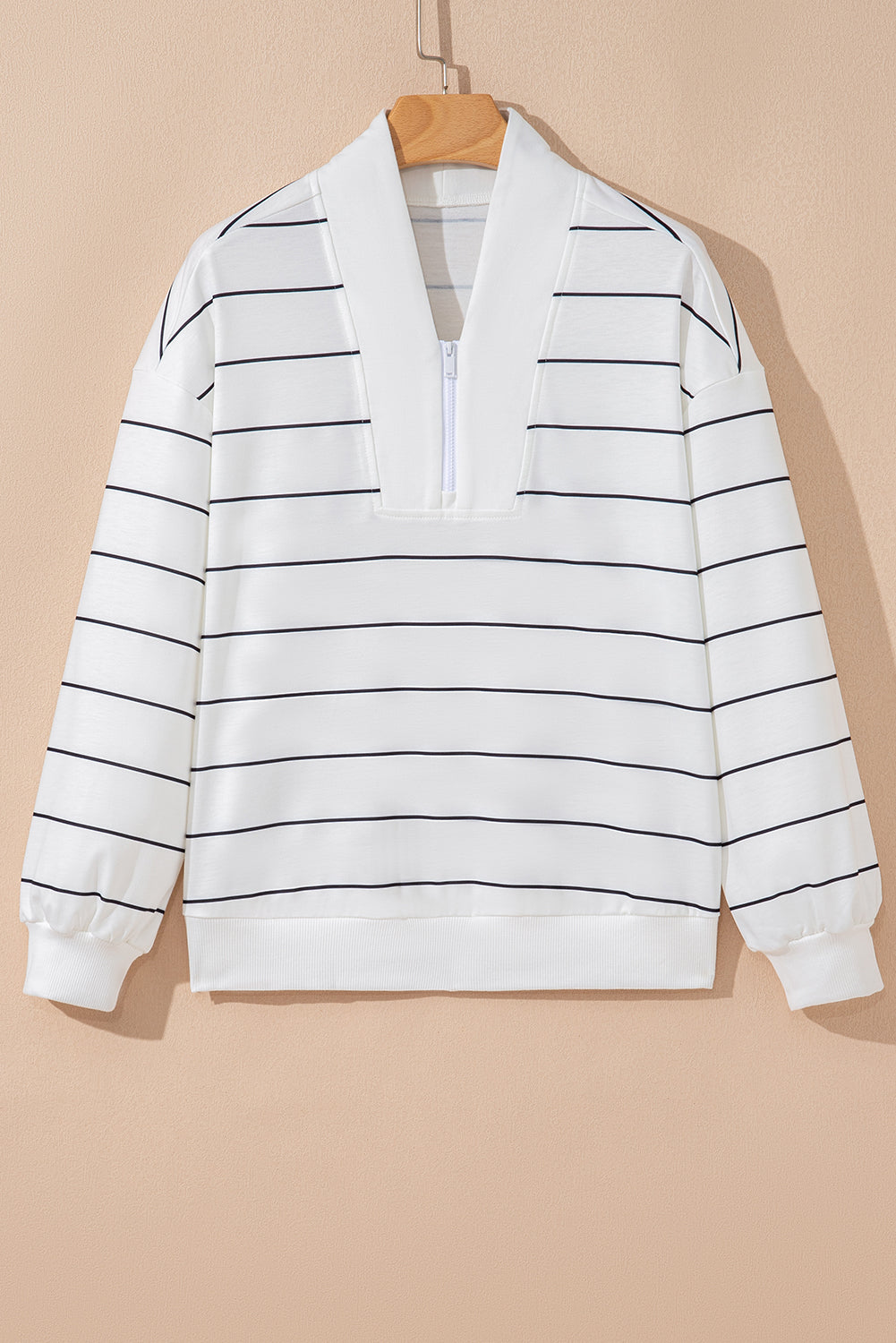 White Striped Zipped V Neck Casual Pullover Top