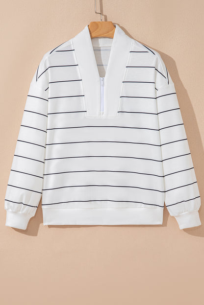 White Striped Zipped V Neck Casual Pullover Top