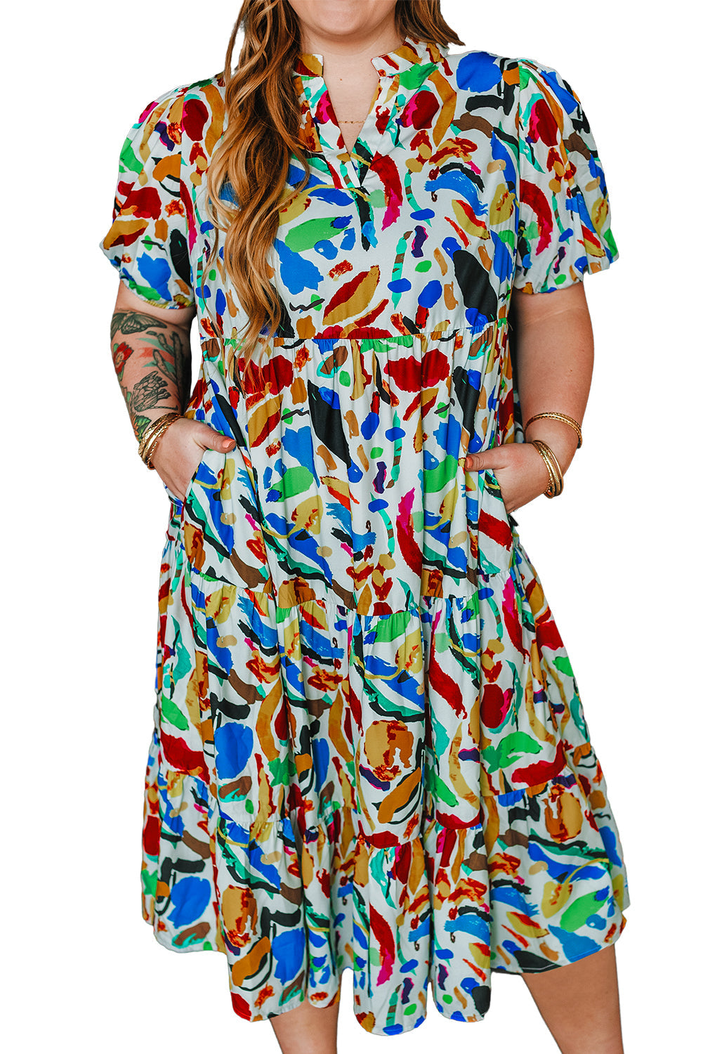 Green Abstract Print Notch Neck Bubble Sleeve Plus Dress