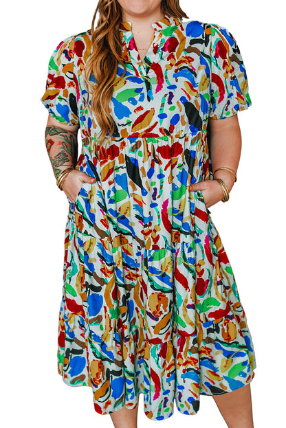 Green Abstract Print Notch Neck Bubble Sleeve Plus Dress