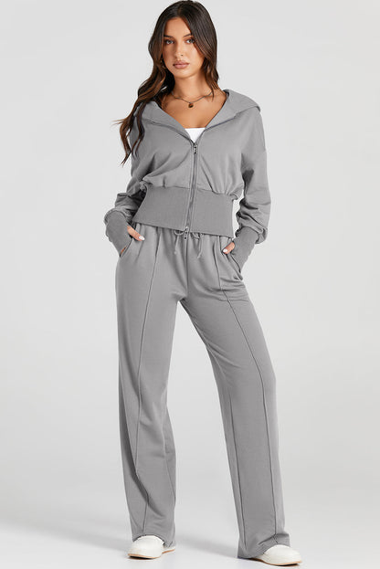 Gray Double Zipper Hooded Jacket and Sweatpants Active Set
