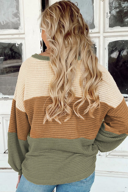 Green Striped Bubble Sleeve Baggy Top with Color Block Detail