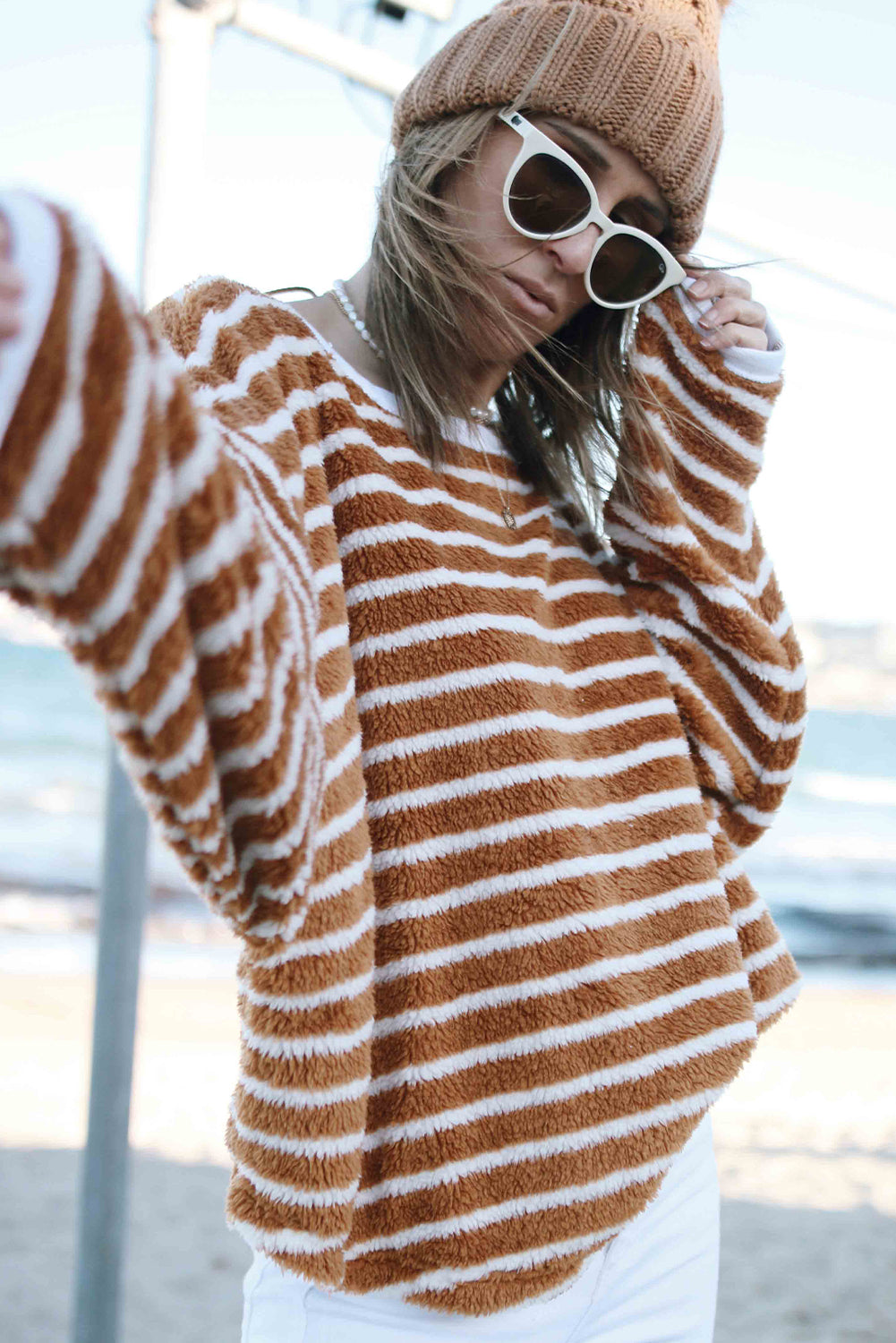 Brown Stripe Plush Drop Shoulder Round Neck Baggy Sweatshirt