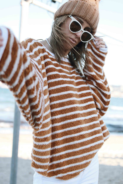 Brown Stripe Plush Drop Shoulder Round Neck Baggy Sweatshirt