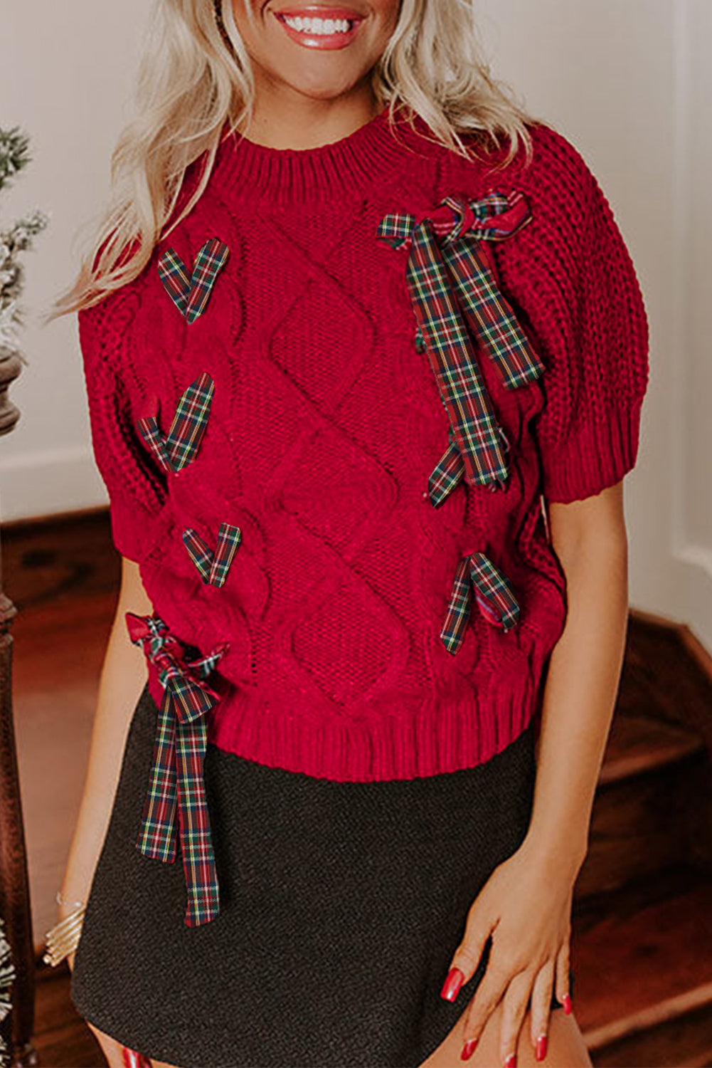 Fiery Red Plaid Lace up Detail Christmas Holiday Puff Short Sleeve Sweater