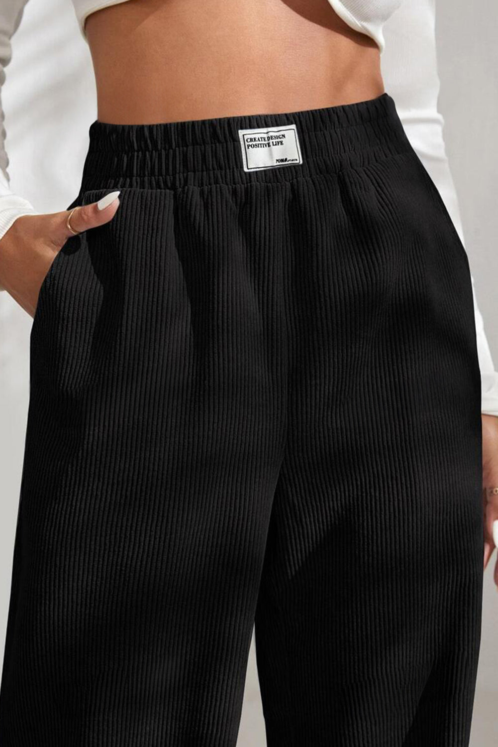 Black Solid Color Split Hem Wide Leg Corduroy Pants