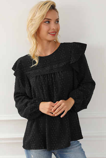 Elegant Black Lace Eyelet Ruffle Sleeve Blouse for Fall