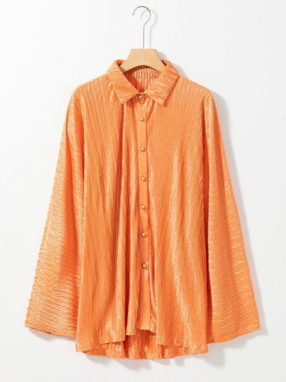 Grapefruit Orange Crinkled Texture Button-up Blouse with Wide Sleeves