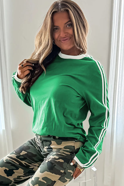 Bright Green Varsity Striped Accent Contrast Crew Neck Long Sleeve T Shirt