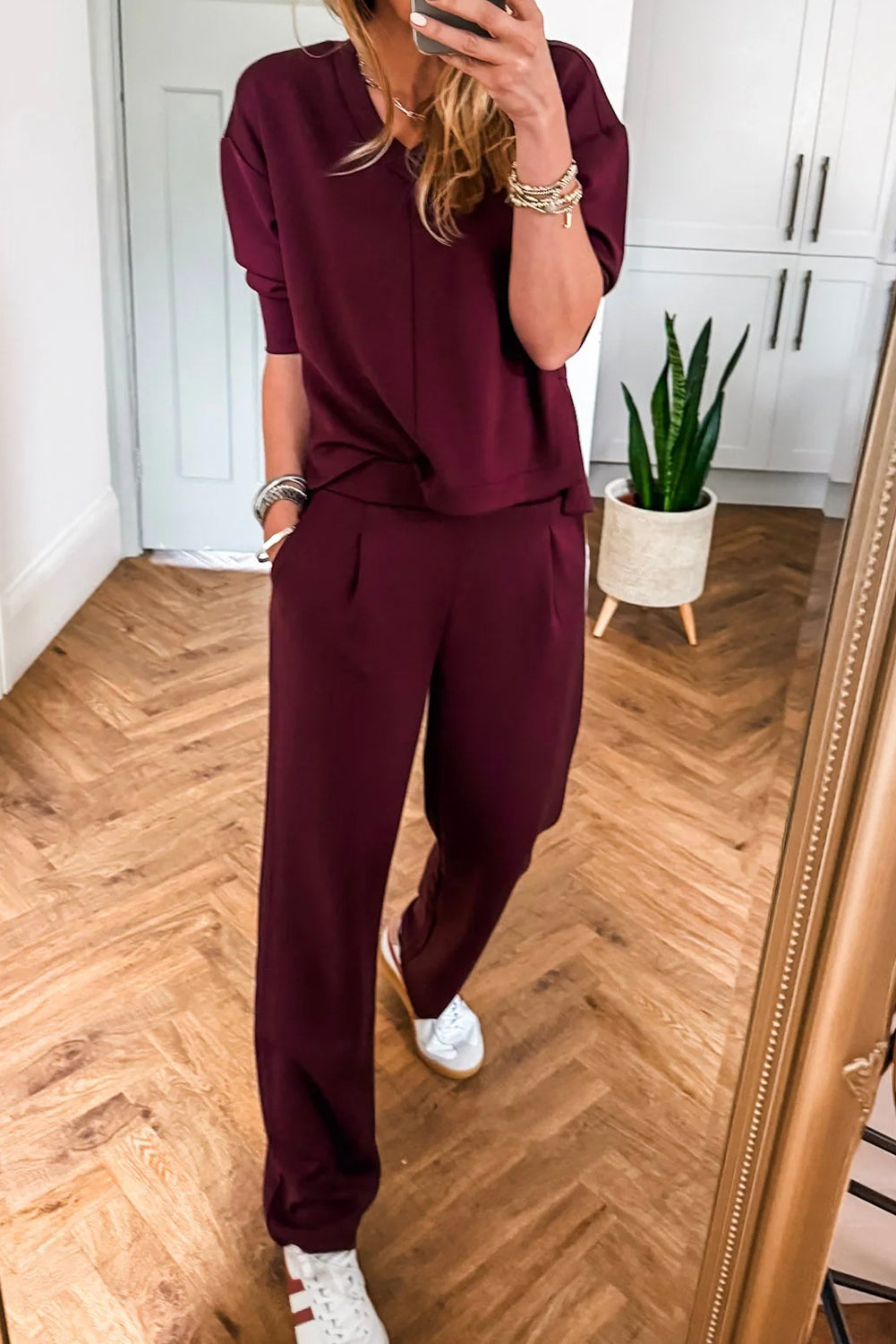 Red Dahlia Solid Color V Neck Tee Pocketed Casual Pant Set