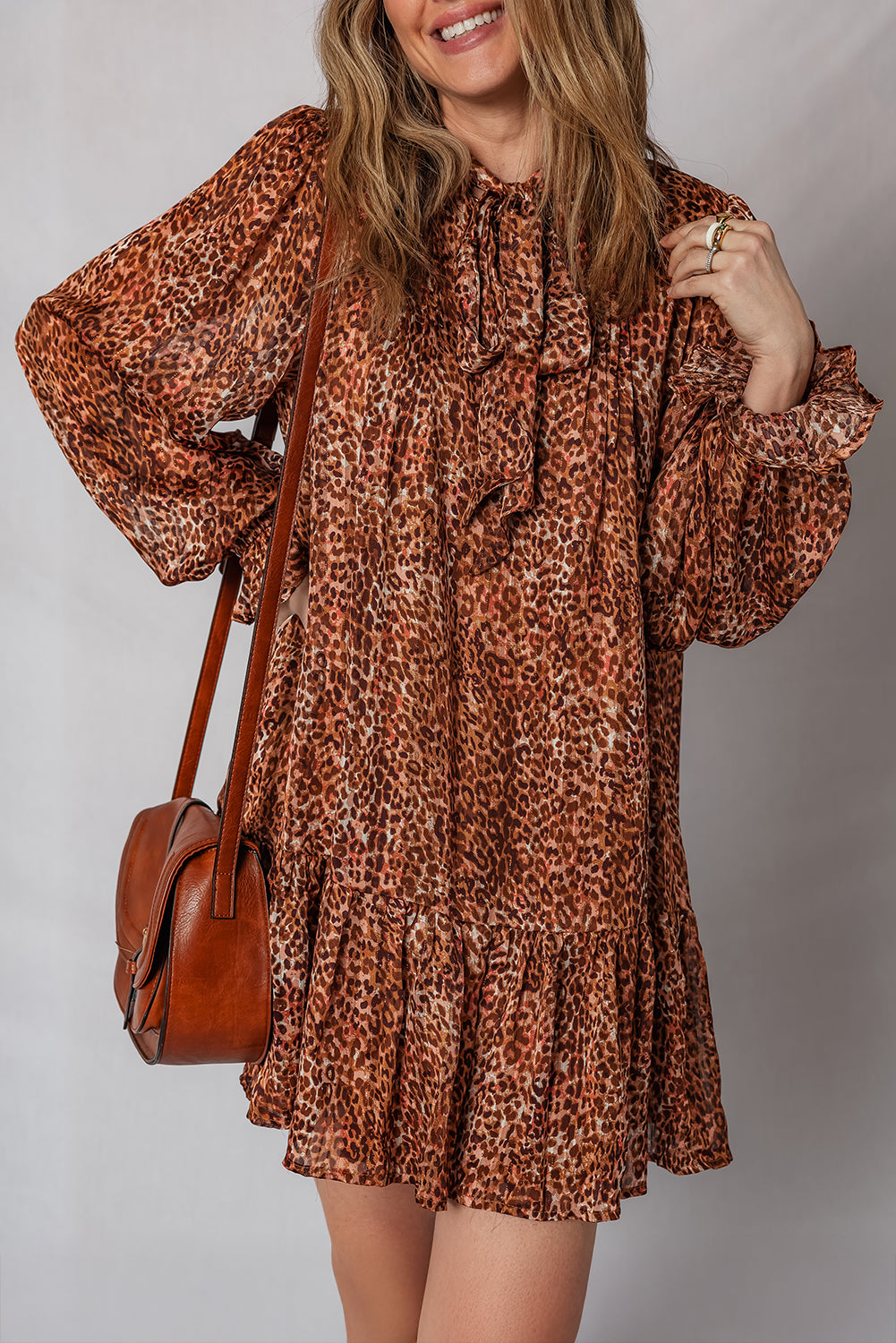 Brown Leopard Print Tie Neck Ruffled Long Sleeve Loose Fit Mini Dress