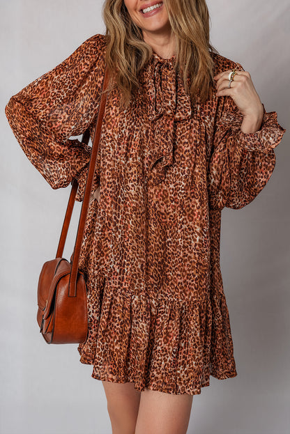 Brown Leopard Print Tie Neck Ruffled Long Sleeve Loose Fit Mini Dress