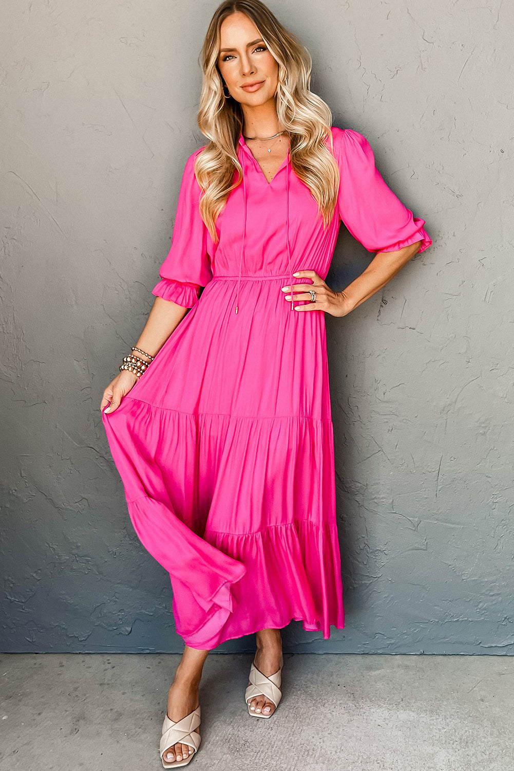 Strawberry Pink Flounce Bracelet Sleeve V Neck Tiered Maxi Dress