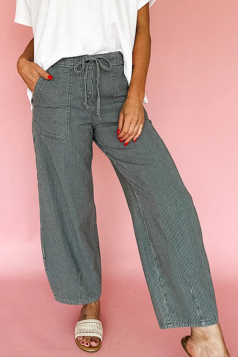 Black Stripe Ankle-length Drawstring Casual Pants