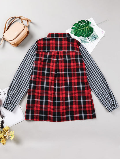 Fiery Red Buffalo Plaid Long Sleeve Shirt with Colorful Pockets