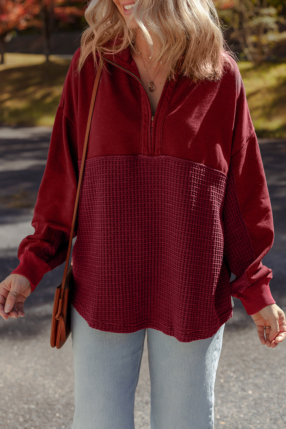 Red Dahlia Waffle Knit Patchwork Half Zipped Casual Sweatshirt
