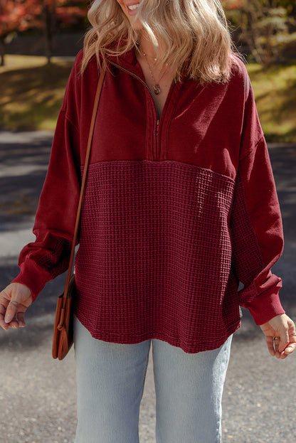 Red Dahlia Waffle Knit Patchwork Half Zipped Casual Sweatshirt