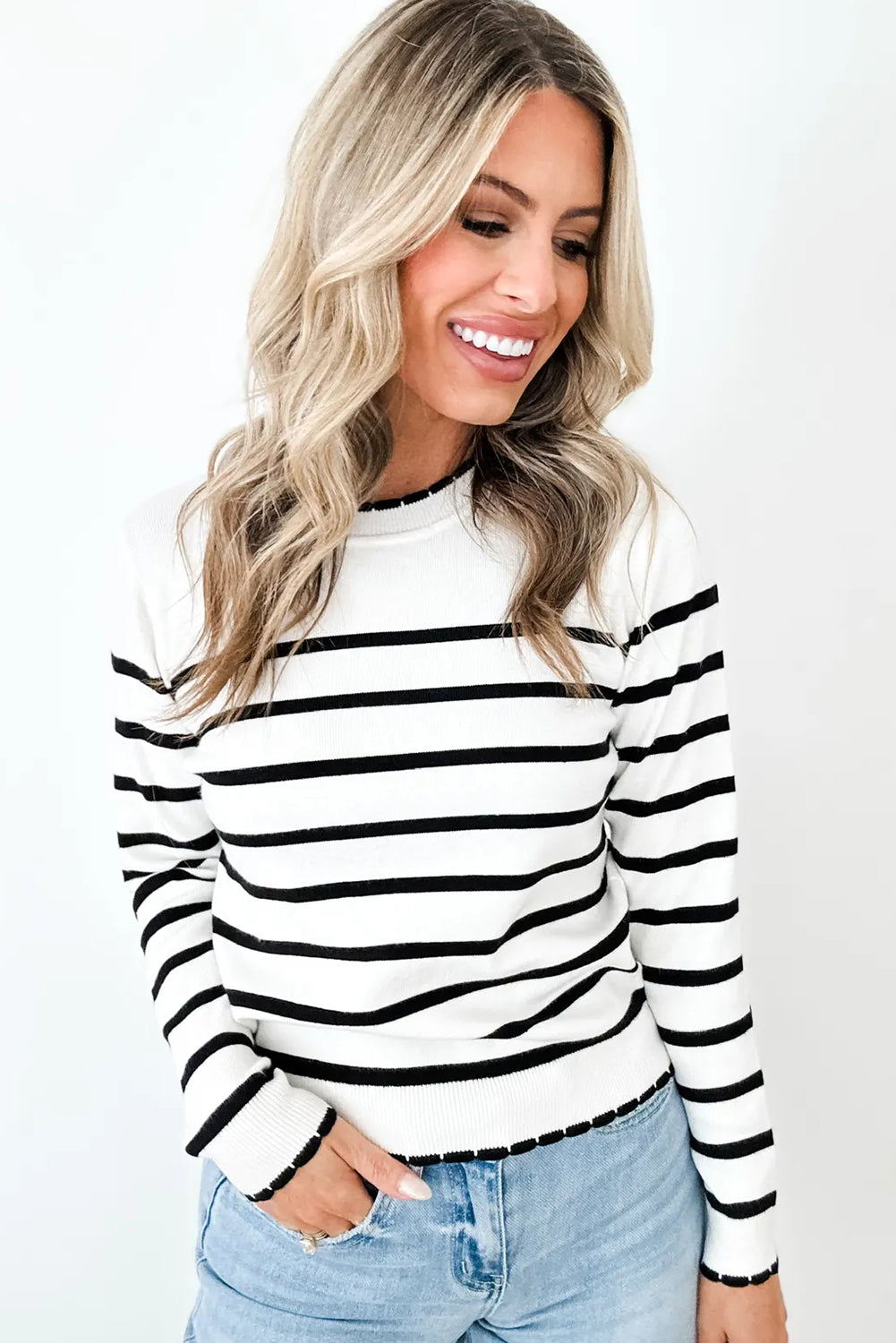 White Stripe Contrast Trim Round Neck Ribbed Knit Sweater