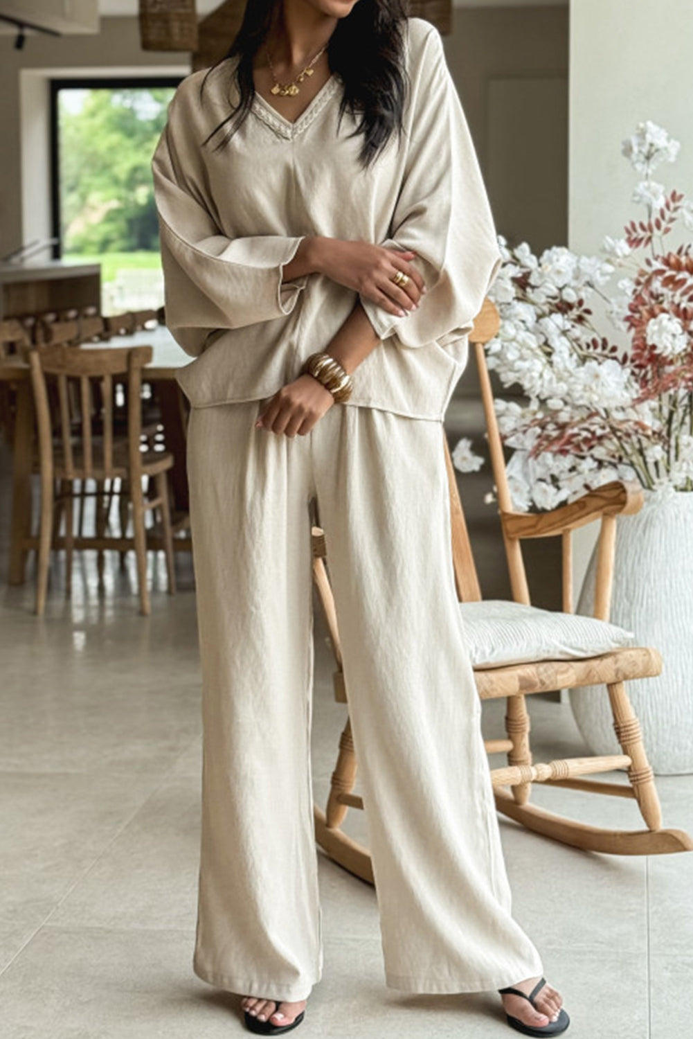 White Braided V Neck Long Sleeve Loose Top and Drawstring High Waist Pants 2pcs Outfit