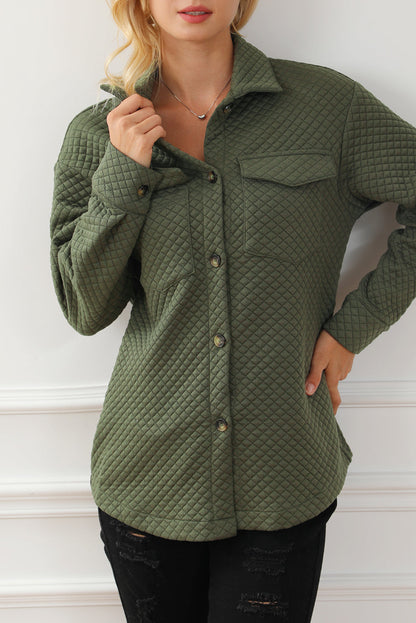 Green Vintage Quilted Flap Pocket Button Shirt Jacket