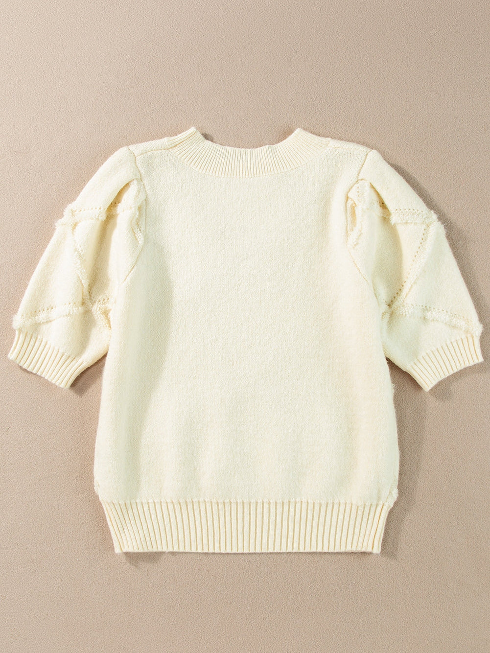 Elegant White Rhombus Pattern Ribbed Trim Short Sleeve Knit Top