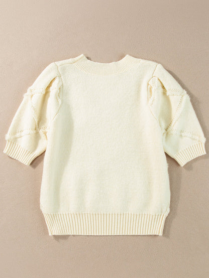 Elegant White Rhombus Pattern Ribbed Trim Short Sleeve Knit Top