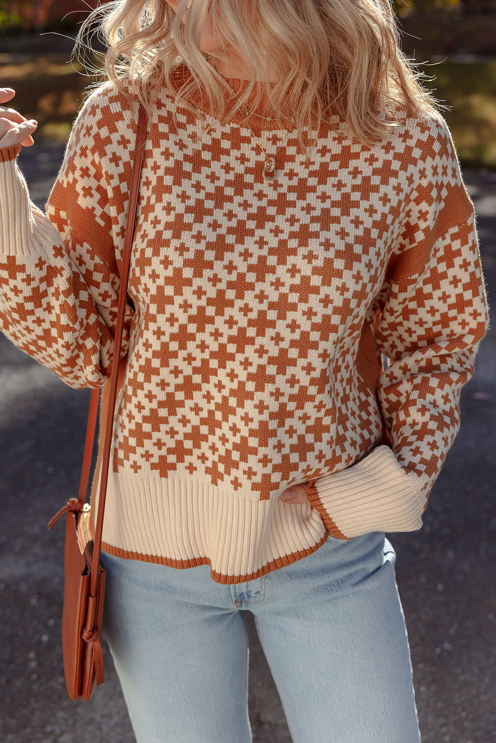 Brown Two Tone Contrast Geometric Ribbed Edge Loose Sweater