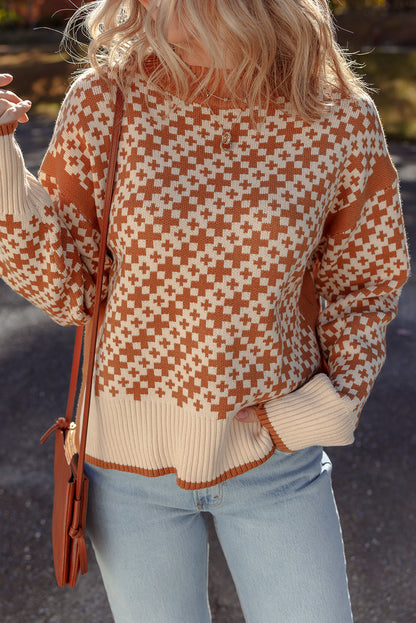 Brown Two Tone Contrast Geometric Ribbed Edge Loose Sweater