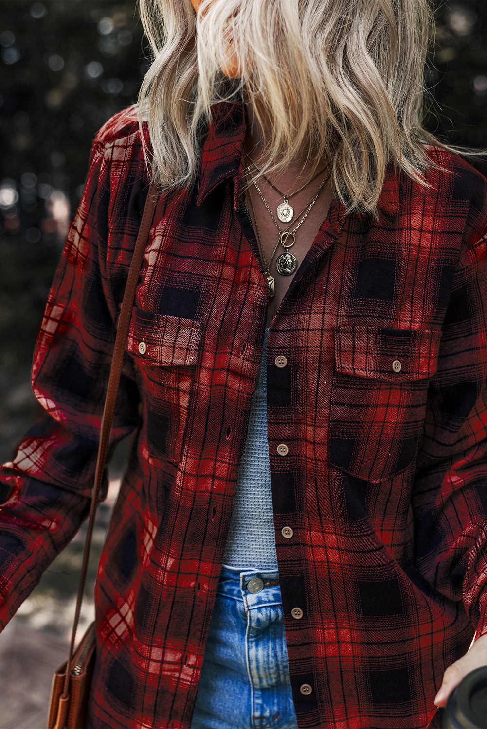 Red Retro Plaid Double Flap Pocket Brushed Shacket