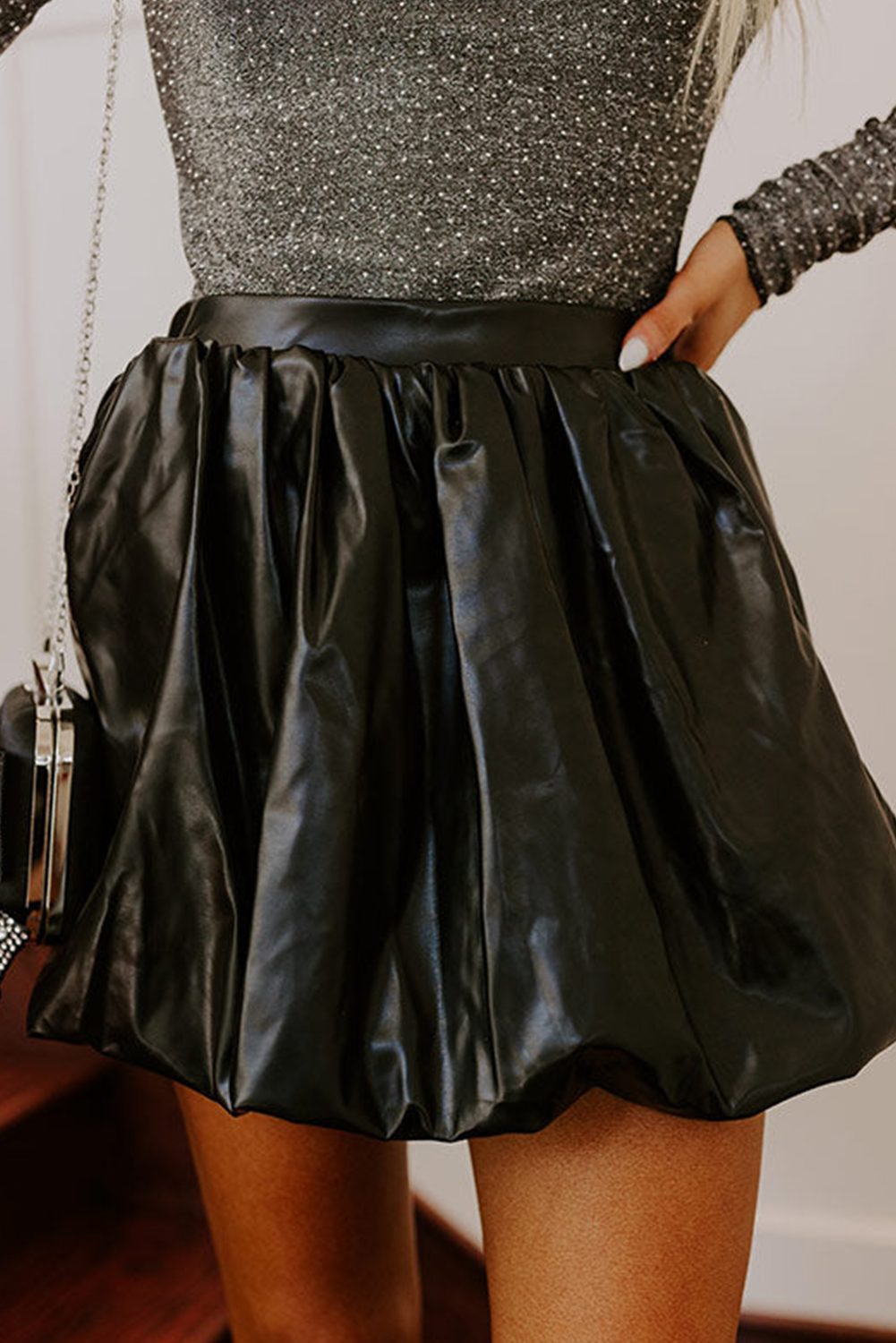 Black Faux Leather High Waist Puffy Mini Skirt
