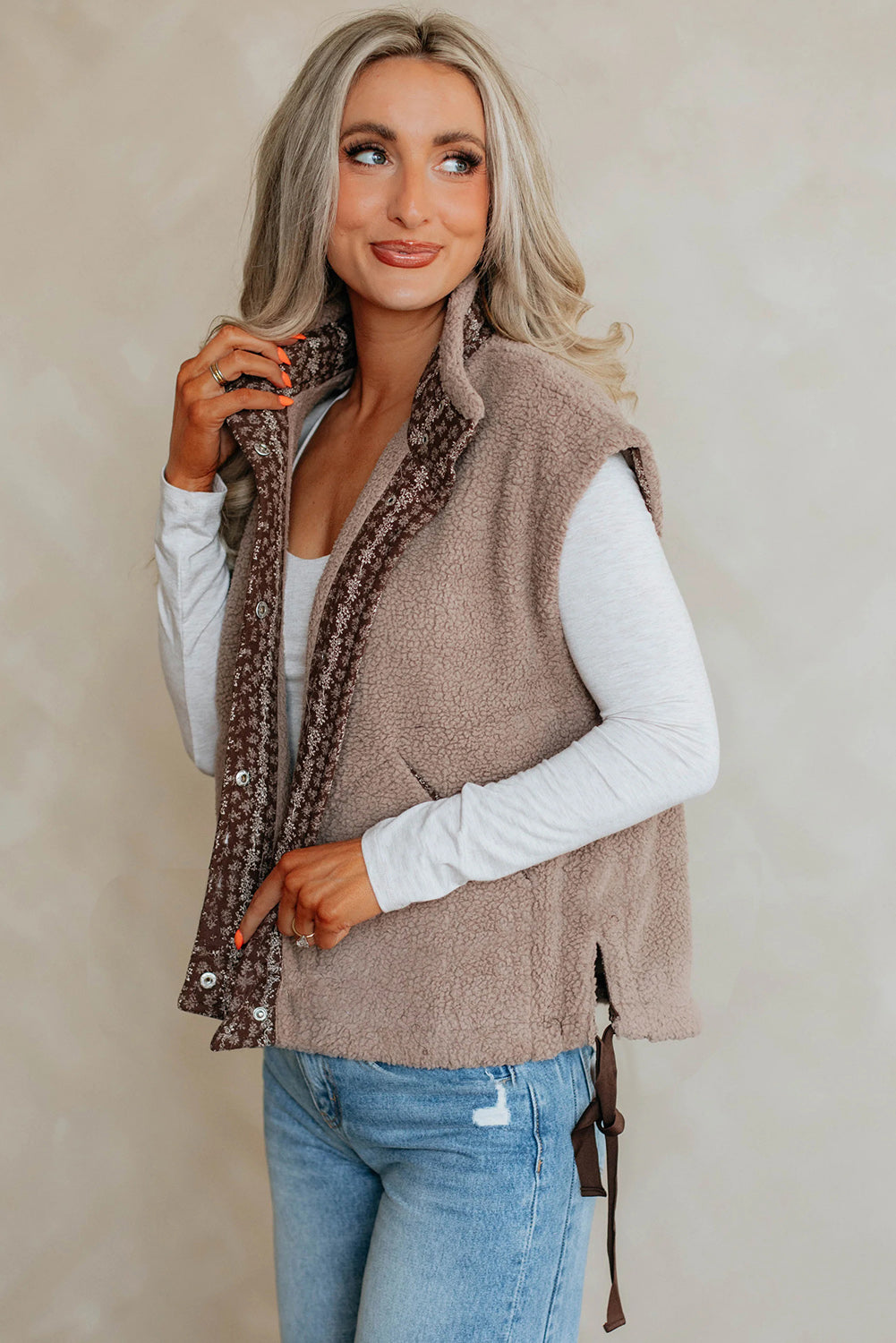 Goat Sherpa Pocketed Contrast Trim Button Down Drawstring Side Slit Vest