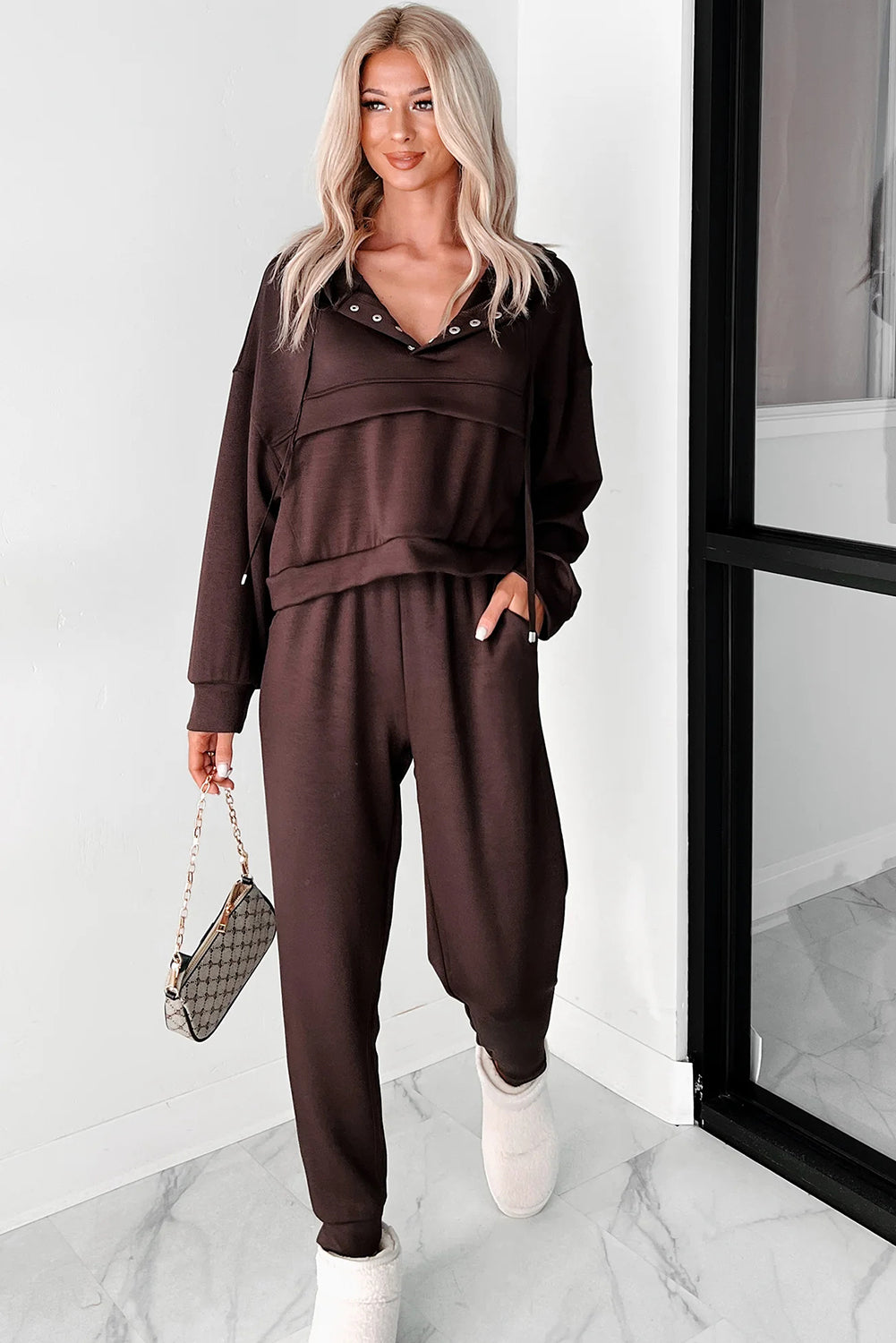 Chicory Coffee Button Drawstring Cropped Hoodie Sweatpants 2pcs Set