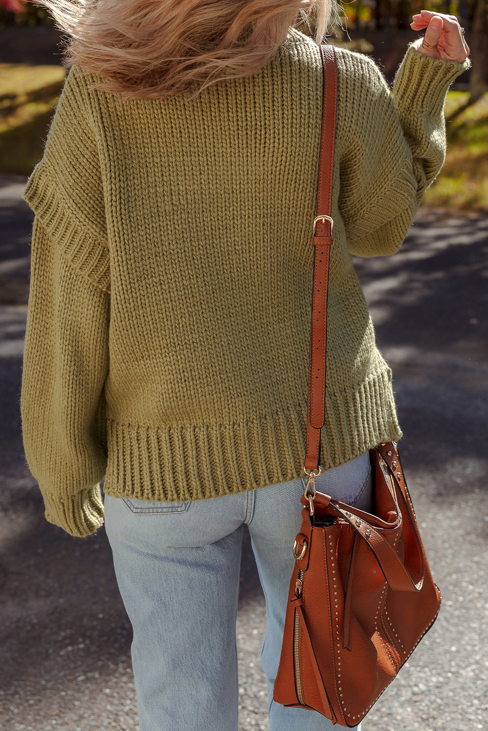 Guacamole Green Solid Color Ruffled Chunky Loose Sweater