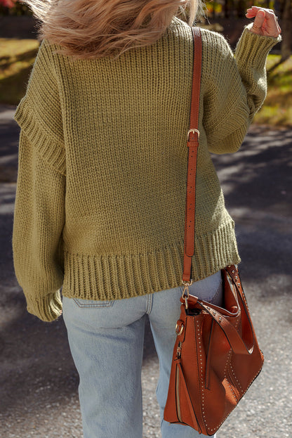 Guacamole Green Solid Color Ruffled Chunky Loose Sweater