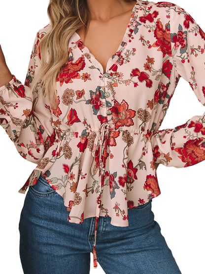 Floral Peplum V Neck Drawstring Blouse with Puff Sleeves