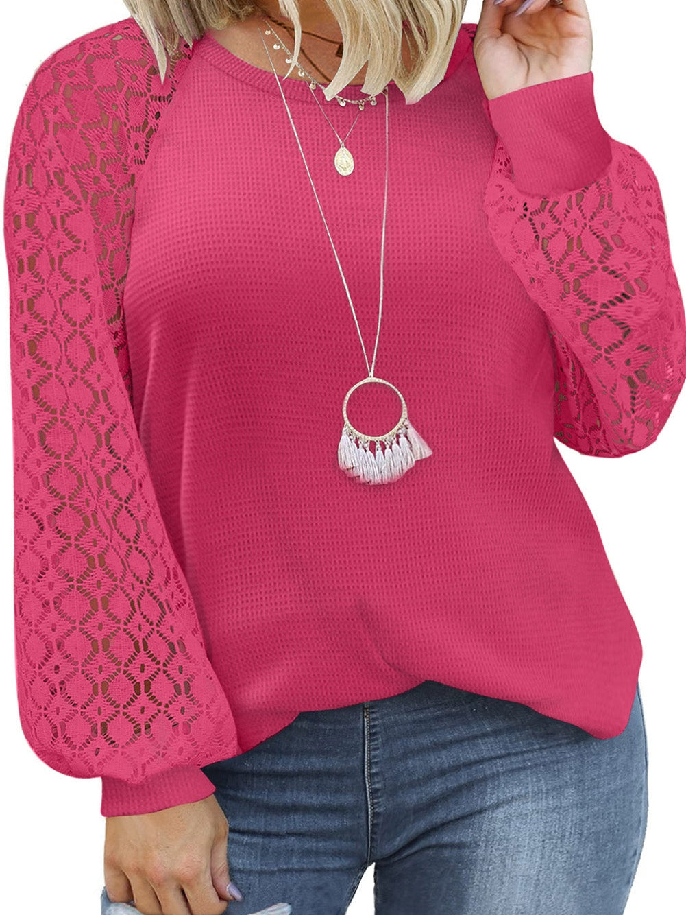Strawberry Pink Plus Size Contrast Lace Sleeve Waffle Knit Top