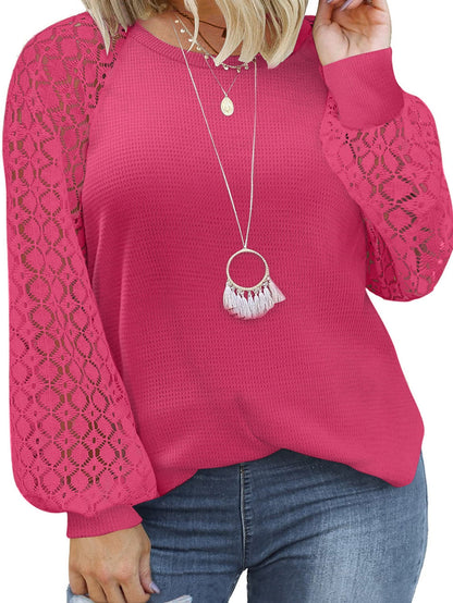 Strawberry Pink Plus Size Contrast Lace Sleeve Waffle Knit Top