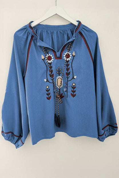 Real Teal Floral Embroidered Split Neck Tassel Tie Puff Sleeve Blouse