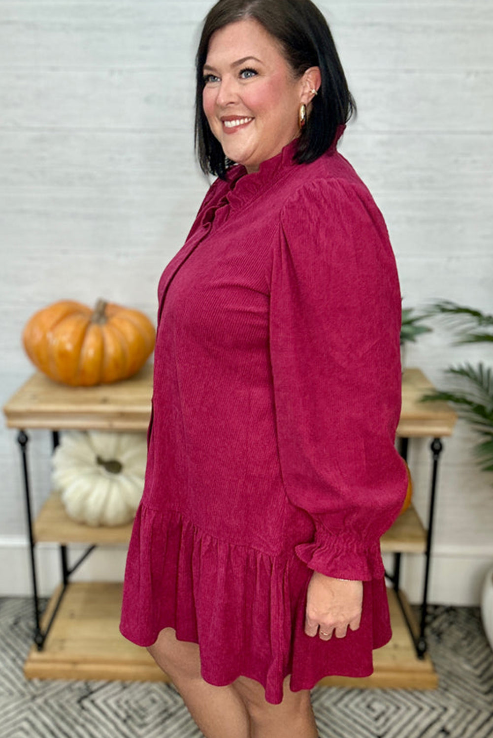 Pitaya Pink Plus Size Frilled V Neck Button Down Long Sleeve Mini Dress