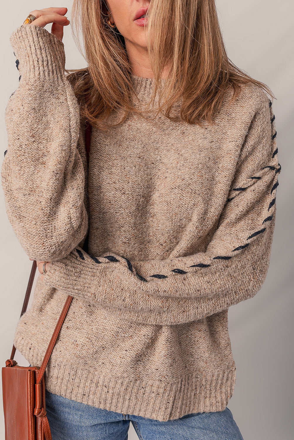 Smoke Gray Color Contrast Stitched Ribbed Edge Crew Neck Sweater