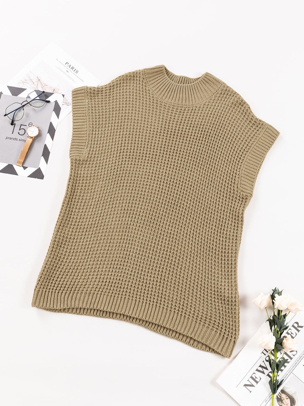 Elegant Light Beige Batwing Sleeve High Neck Knit Sweater for Women