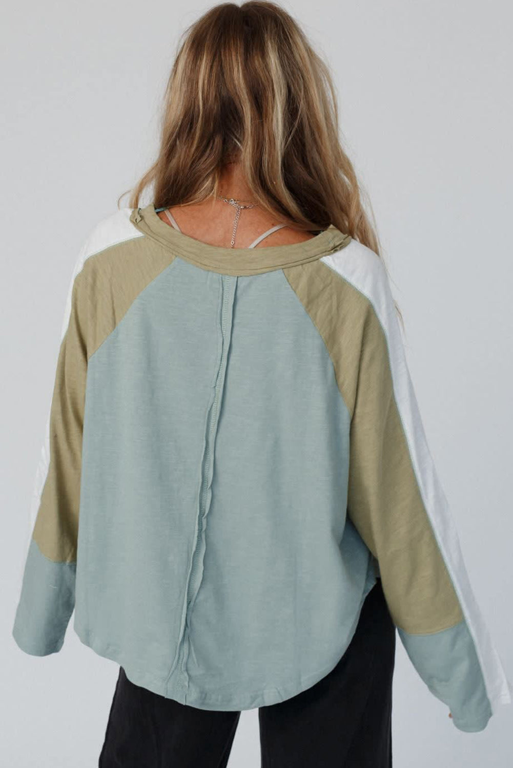 Moonlight Jade Color Block Stitched Raglan Sleeve Loose Top