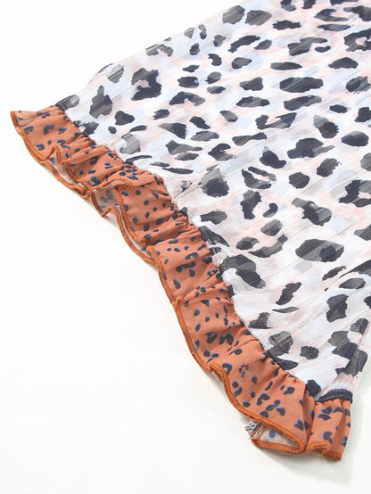 Leopard Print Ruffle Sleeve Color Block Top in Khaki