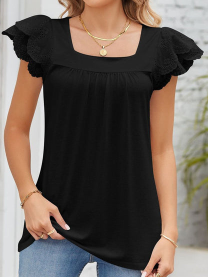 Elegant Black Square Neck Top with Ruffle Sleeves