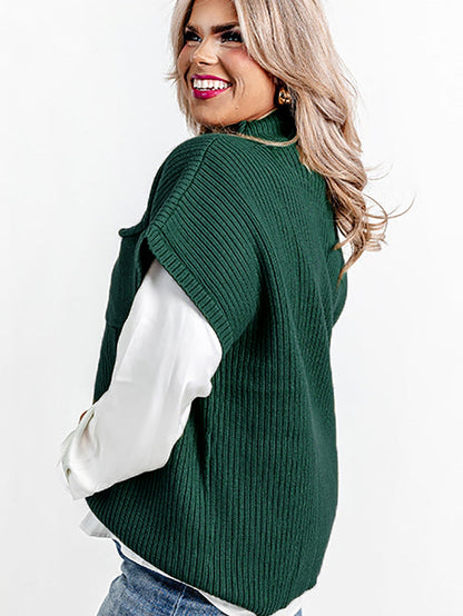 Jungle Green Plus Size Mock Neck Chest Pocket Short Sleeve Sweater