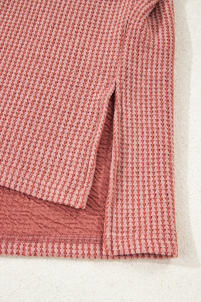 Mineral Red Textured Knit Loose V Neck Tunic Top with Slits